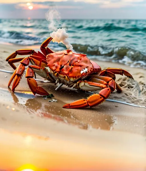 Prompt: A crab smoking a joint watching the sunset while sitting on the beach 