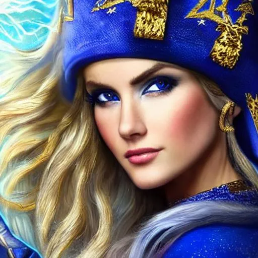 Prompt: UHD, hd , 8k, oil painting, hyper realism, Very detailed, zoomed out view, full body of character in view, standing female elf wizard with long blonde hair, she has a blue wizard hat, she wears blue wizard robes, holds a gold wizard staff, she is casting a lightning spell