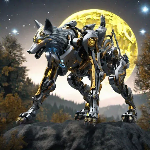 Prompt: (masterpiece, UHD, illustration, detailed:1.3), half-mechanical half-animal android, human body with wolf head, glowing yellow eyes, pointed ears, gray and dark fur, sparkling metallic chest, robotic arms and legs, standing on a rock, night sky, full moon, sparkling stars, forest in the distance
