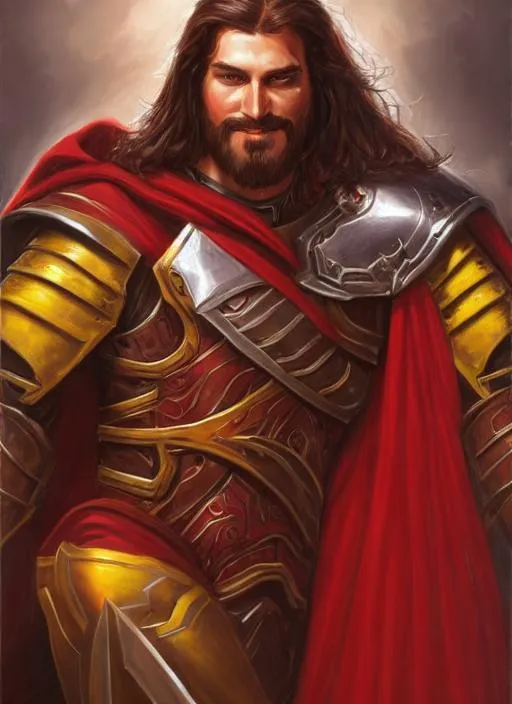 Prompt: Portrait of a human male paladin, brown eyes, wavy long black hair, handsome face, short stubble, red cape over shiny armor, friendly, perfect composition, hyperrealistic, super detailed, oil painting, Wold of Warcraft, D&D, Lord of the Rings, Fantasy,