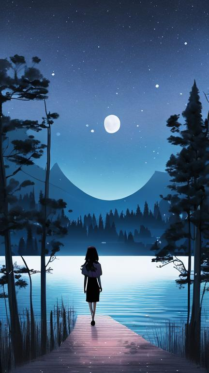 A girl walking beside lake midnight moonlight