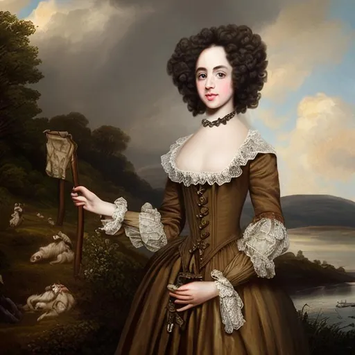 Prompt: Woman brown curly medium hair,pale skin ,dressed with 1750 gown 

scotland landscape in 18 th century era