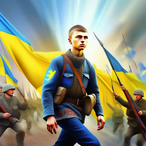 Prompt: digital super-detailed photorealistic picture represent  "Young guy in battle for Ukrainian freedom ". full-body picture with a detailed face`s zones. Multi-contrasts (scene plans and elements, colors, lights, forms, lines, rhythms, negative and positive space). Crisp quality in added Ukrainian modern cultural elements. Holographic effect on solid surfaces. Composition, Structures, Edges are based on Fractals and Fibonacci set