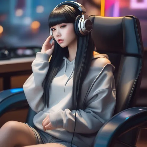 Prompt: there is a woman sitting in a chair with headphones on, ig model | artgerm, cute casual streetwear, cgsociety and fenghua zhong, anime action figure, sad expression, ultra realistic photo, wearing sweatshirt, gaming room, very realistic painting effect, long hair with full bangs, ƒ/5.0