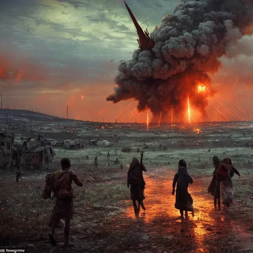 Prompt: Refugees leave a war-scarred battlefield, while a flurry of giant red lasers beams down from the sky behind them, in an impressionism style with dark undertones and a feeling of loss.