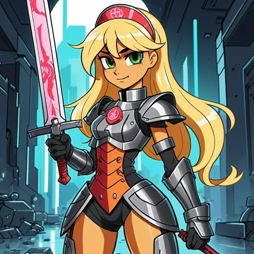 Prompt: Cyberpunk Equestria girls applejack with one long ponytail wearing armor and holding a sword