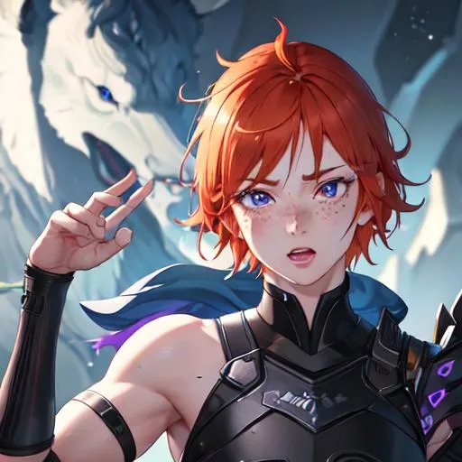 Prompt: Erikku male (short ginger hair, freckles, right eye blue left eye purple) muscular, UHD, 8K, Highly detailed, insane detail, best quality, high quality. blowing a kiss