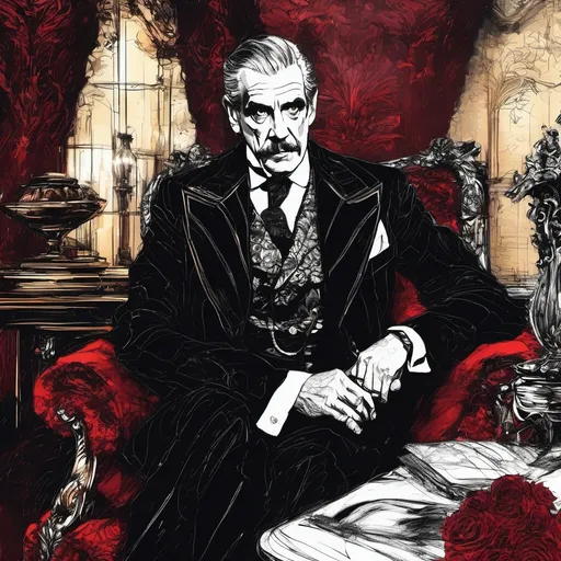 Prompt: (Boris Karloff talking to Vincent Price), Black and White pen and ink sketch style, dark color scheme, elegantly gothic attire, intricate details, dim lighting, dramatic shadows, opulent background, luxurious textures, ornate furniture, deep reds and blacks, baroque patterns, solemn atmosphere, rich color tones, dark romanticism, ultra-detailed, 4K, photorealistic masterpiece, timeless elegance.