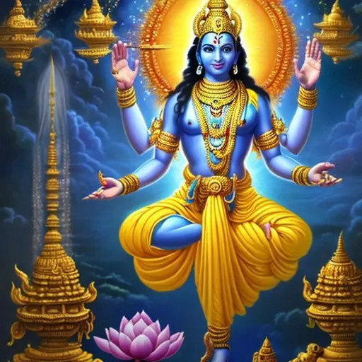 Prompt: god vishnu having sudarshan chakra and mace and lotus in hands, yellow dhoti, golden ornate, blue skin color,, soft body, de noise, hyper realistic, front pose, RTX, detailed, elegant, smile, thin