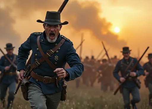 Prompt: A brave Union infantry soldier charges resolute in the foreground, his weathered uniform a mixture of navy blue and faded gray, reflecting the chaos of battle. His determined expression is illuminated by the flickering light of cannon fire, casting dramatic shadows across his face as he yells commands to his troops. His rifle in one hand and a sword in the other Behind him, a sea of soldiers, faces tense with resolve, surge forward, rifles in hand, with patches of mud and grass clinging to their boots. The battlefield is shrouded in swirling, thick smoke that creeps ominously through the air, illuminated by the amber glow of sunset piercing through the haze. The distant echoes of cannon blasts ripple through the atmosphere, heightening the tension of this pivotal moment in history. This scene unfolds in a cinematic, photorealistic style that captures both the heroism and the grim reality of war.