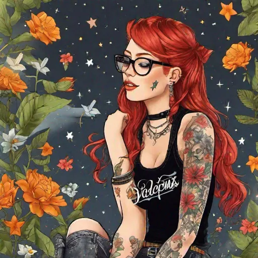 Prompt: !A girl with red hair and glasses and tattoos. She has a piercing on her nose and a choker on her neck. She wears a black tank top, a leather jacket, a plaid skirt and boots. She has tattoos of stars, flowers and a skull on her arms and legs. She smiles seductively and looks cool.^)