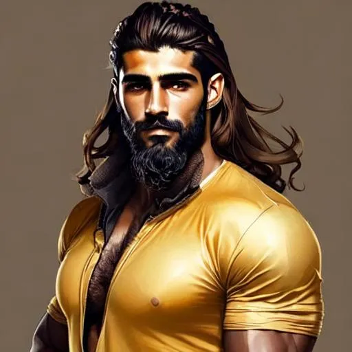 Prompt: handsome dark skin arab man long wavy light brown hair gold eyes short beard muscular