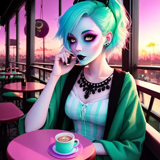 Prompt: Cute Pixar style painting of a beautiful zombie woman, pale green skin, pastel pink and blue hair, goth clothing, sunset, sitting in a cafe, muted color pallette, vaporwave