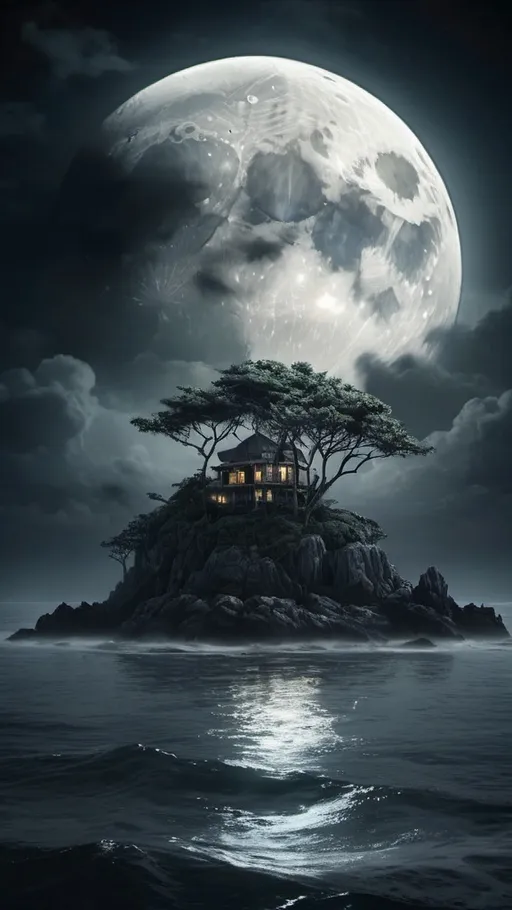 Prompt: moon shining up on an island in the ocean, through mysterious shady clouds, high quality, detailed, digital illustration, moody atmosphere, dark tones, eerie lighting, haunting, surreal, atmospheric, lunar, cloudy sky, dramatic, intense, silver moon, shadowy, mystical, night scene