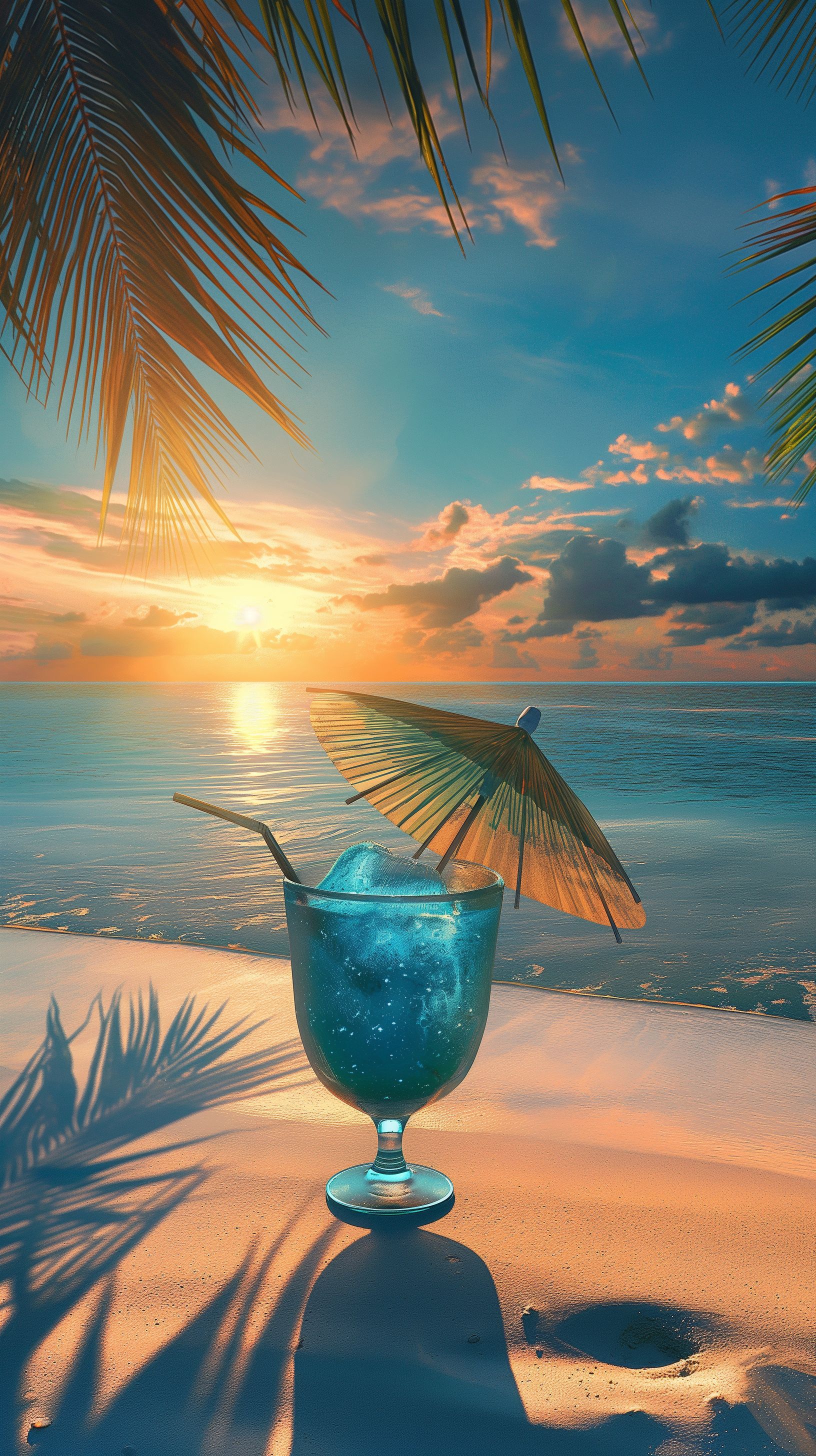 Prompt: a tropical blue slushie in a fun cup with a small umbrella toothpick resting in the top, with a sun set over a white sandy beach and an aqua blue calm ocean, palm trees hang overhead, peaceful vacation, --ar 9:16 --v 6.0