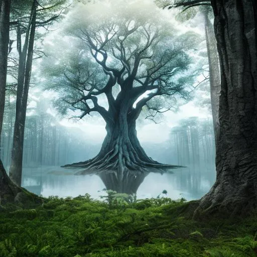 Prompt: award winning photography, majestic tree of life, giant, lake, souls, moonbeam, mist, secluded, high res, by National Geographic, 8k 3D, 8k photo, super realism, photo real 600mm lens, cinematic, — creative, — test, — upbeta