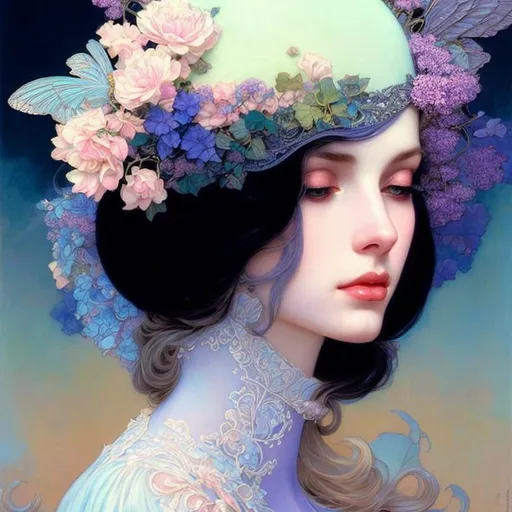 Prompt: Beautiful young victorian/renascence/art nouveau girl, pastel translucent clothes, impeccable hair, powerfull, vivacious realistic eyes, complex, porcelain skin, chiaroscuro, by Magali Villeneuve, Bisson, Rebecca Guay, Jeffrey Catherine Jones, Kim jung gi, Frank frazetta, Stanley Artgerm, Audrey Kawasaki