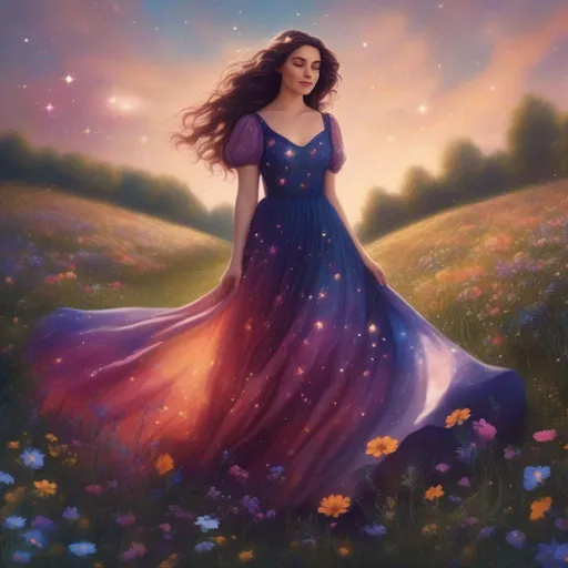 Prompt: A colourful, beautiful brunette, Persephone, in a beautiful flowing dress made of stars in a field of wildflowers. In a photorealistic painted Disney style.