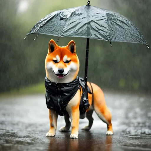 Prompt: photo of a shiba inu, dressed in rain gear holding an umbrella, soft lighting. outdoors in the rain, ground covered in bitcoin