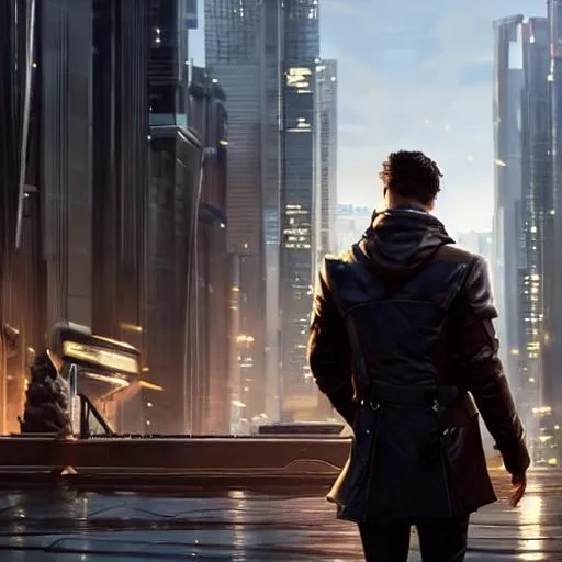 Prompt: image of a young man by Greg Rutkowski, full body scene, short quiff brown hair, attractive, symmetrical, kind, strong, smiling, manly, nice, highly detailed portrait, bright open eyes, cityscape in background, scifi, realistic digital painting, artstation, concept art, smooth, sharp focus illustration, Artstation HQ, city skyline in background