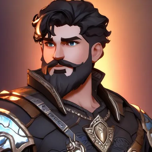 Prompt: fantasy,character design,male,dark-skinned,"hair is short on sides and longer on top",wavy black hair,"neatly-trimmed beard","greying beard",necromancer,"black armor","black clothes"