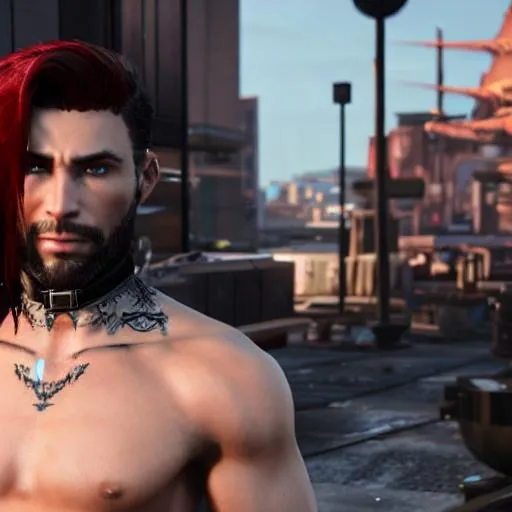 Prompt: Male Shadowrunner with red hair and tattoo's on face and neck trench code monofilament sword cyberpunk cityscape Ultrareal unreal engine 5