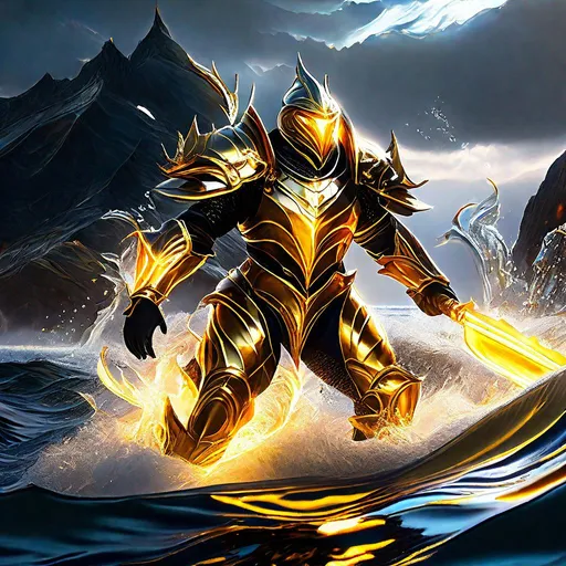 Prompt: On the coast of rocky mountains, under o'clock in the morning, a soldier with gold armor swims over dark waters and fights a sea of electrical creatures. Fire and lightning are reflected in his armor, creating amazing graphic elements., Terms of reference, fantastic, epic, fascinatingly spectacular, hyperrealistic, highly detailed, high quality 32k, unreal engine,