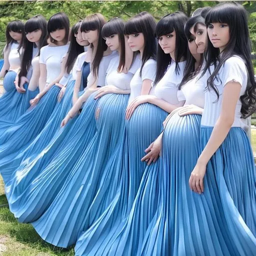 Prompt: There are multiple pregnant anime girls who are all wearing blue pleated long skirts. The hair of the anime girls are long and straight.

The pregnant anime girls are holding their baby bumps.

