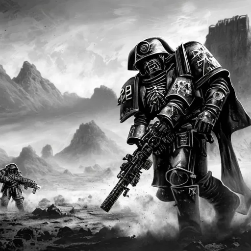 Prompt: warhammer 40k, guerilla warfare, desert poncho, charge, attack, raid, battle, oil rig, mountain, desert, poncho, monochrome