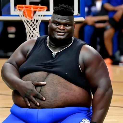 Prompt: Extremely & visibly Fat 950+ pound Zion Williamson with his belly hanging out and visible.