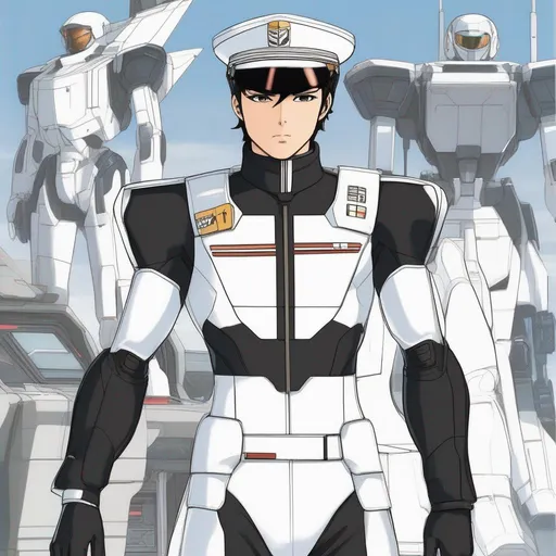 Prompt: Whole body. Full figure. From distance. A male scifi sailor. Robotech uniform. Black uniform.  white details. Scifi uniform. Scifi outfit. Scifi appearance. Robotech uniform. Scifi art. Anime art. Akira art. Leiji Matsumoto art. 2d. 2d art. Well draw face. Detailed. 