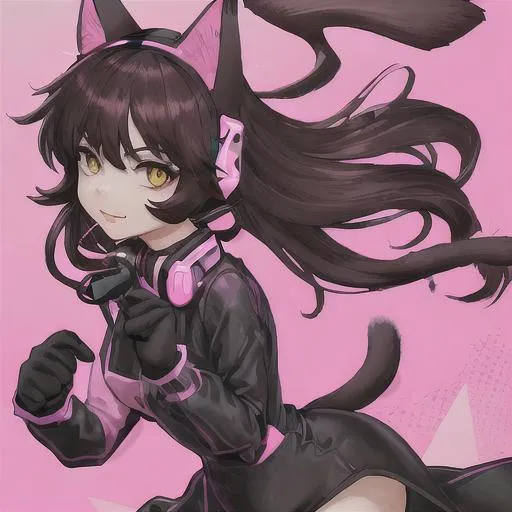 Prompt: Cat women with long dark brown hair wearing pink gaming headset no hands 