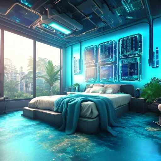 Prompt: futuristic cluttered large bedroom blue, wall of screen, thick carpet, projects, beautiful, luxury, interior, solarpunk, tropical island, realistic details, photorealistic, 8k render, cinematic lighting, ultra detailed