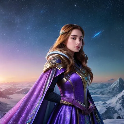 Prompt: create photograph of beautiful winter female princes who is wearing bright futuristic robes, night time and beautiful sky space and planets an nebulae in sky highly detailed, detailed face, extremely detailed environment, extremely detailed background, extremely detailed skin, extremely detailed clothing, natural colors , professionally color graded, photorealism, 8k, realistic, moody lighting, galactic environment, volumetric lighting