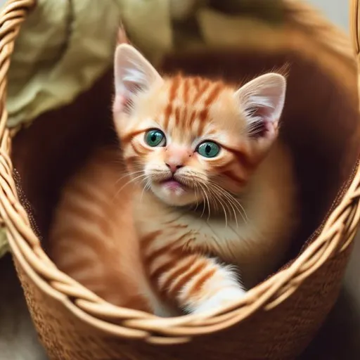 Prompt: baby ginger cat , meowing, with long tail, in a small basket with greenish eyes , crying.