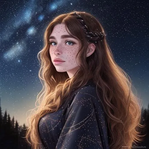 Prompt: A beautiful caucasian Canadian with freckles woman (goddess of the night sky) with magical flowing brunette hair in the style of constellations and the night sky profile picture