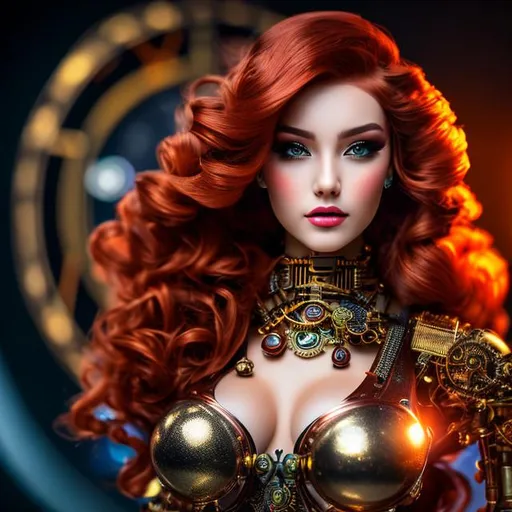 Prompt: Please produce a photograph of a steampunk robotic beautiful female android, red-haired, with fantasy colors, flashy lights, in a dark background, high quality, trending art, trending on artstation, sharp focus, studio photo, intricate details, highly detailed, UHD, HDR, 8K, ((Masterpiece))
