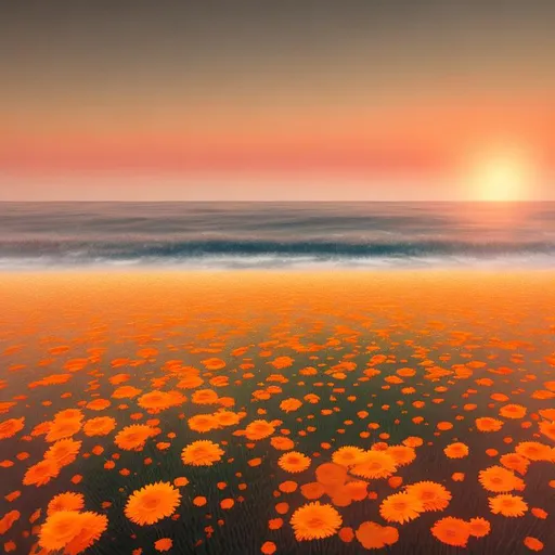 Prompt: calendula field leading to horizon of ocean, soft color, 3d rendering
