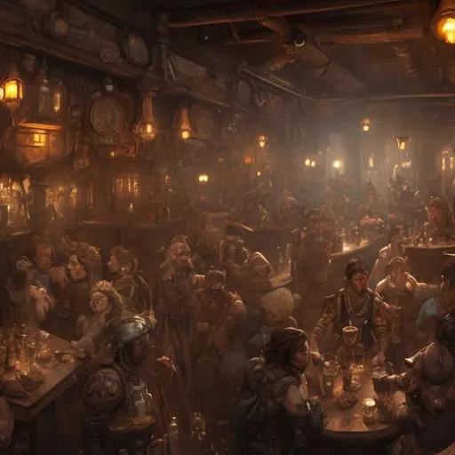 Prompt: Interior of a fantasy crowded tavern with some steampunk elements, hyperdetailed, artstation, cgsociety, 8k, detailed faces, different races