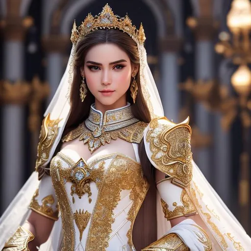 Prompt: create hig quality photograph of  beautiful  female  princes with white armor, extremely detailed face, extremely detailed environment, extremely detailed background, intricate, extremely detailed skin, natural colors , professionally color graded, photorealism, 8k, realistic, moody lighting, ambience lighting