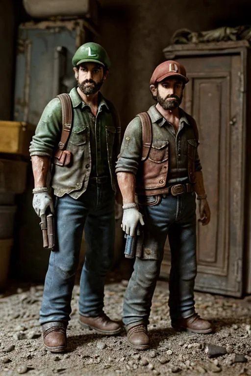 Prompt: first man mario and second man  Luigi in the world(the last of us), full body, hiding in the building

vintage, miniature. (high detailed skin:1.2), 8k uhd, dslr, soft lighting, high quality, film grain, Fujifilm XT3, hyper realistic, detailed head, detailed face