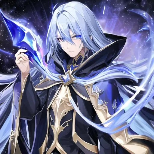 Prompt: Sapphire blue asassin cloak cloak, long galactic hair, gold eyes, male, black wings, 8k,
