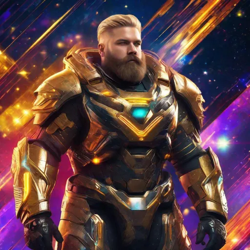 Prompt: Handsome chubby bearded chubby muscular German man, long flowing dirty-blonde hair, sensual cyber battle suit, starry background, vibrant colors, hyperrealistic