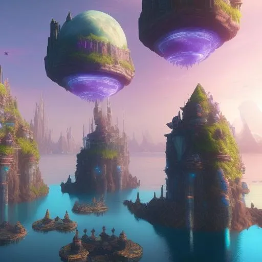 Prompt: four cosmic fantasy floating islands with cyberpunk pirate city, kingdoms and castles, rivers, lakes, floating in cosmos, cinematic, insanely detailed, awe-inspiring, particles, sharpness, 32k,