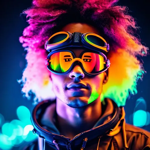 Prompt: a photograph of a man with colored hair and goggles on his face, highly detailed, 8k, perfect body, perfect skin, dark wasteland background