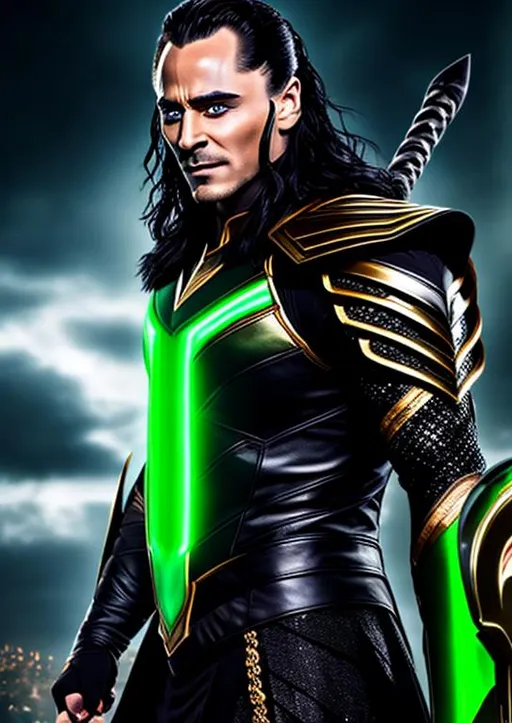 Prompt: High-resolution hyperrealistic photo of Ares merged with Loki, black and green and silver costume, uhd, hdr, 64k