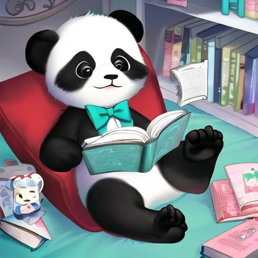 Prompt: Disney Baby panda reading a book on a teal bow tie