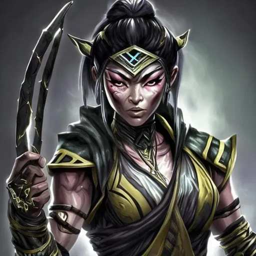 Prompt: Create a mortal Kombat character chameleon, but a female version. With a weapon called the Tekkon In her hand. She has a human  appearance. Yep, she has an Asian like Latino appearance.