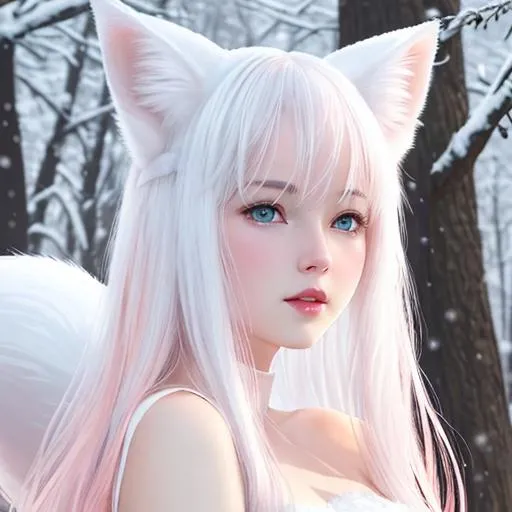 Prompt: blue eyes, perfect white skin, solemn face, cute face, young face, slightly pink face, pink lips, cherry lips, loli, white fox ears, nine white fox tails, snow-white hair.
