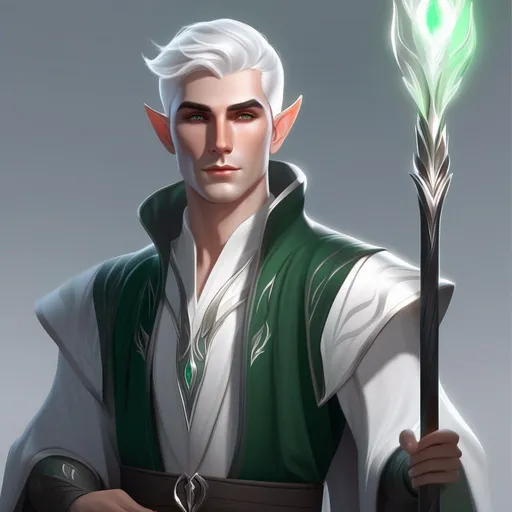 Prompt: A portrait of a elf male sorcerer. Pale skin. Dark Green Eyes. Short Hair. White hair. slim body.  Gray clothes. Have a staff. Character Design art. Concept Art. Digital Art. 4k HD. Trending on artstation. 